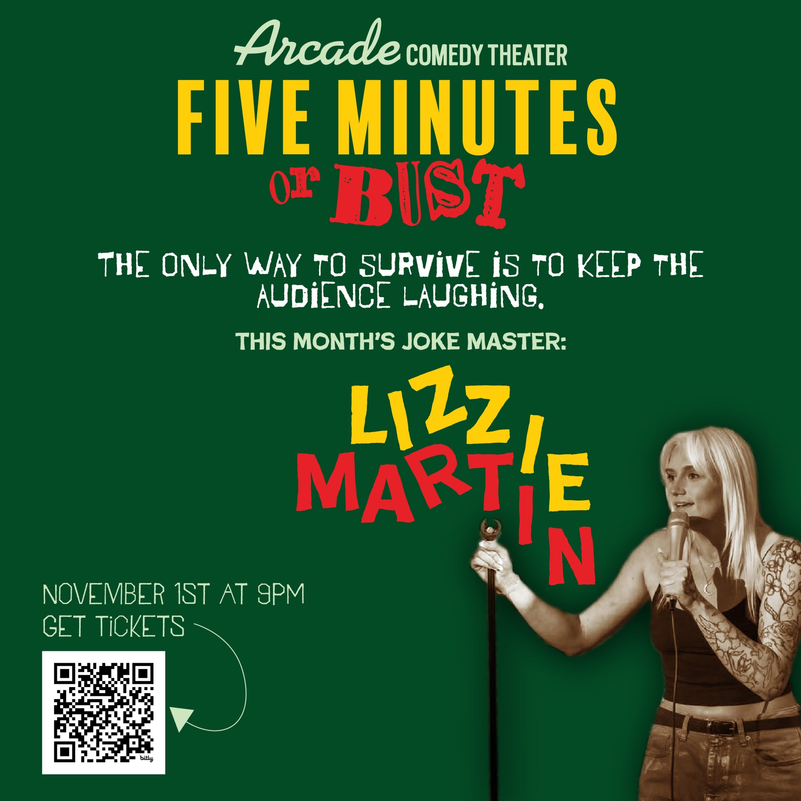 Five Minutes or Bust is a consensual comedy show where the Joke Master determines how long each comic can remain on stage. Lull in the laughter? Face the wrath of the Joke Master!