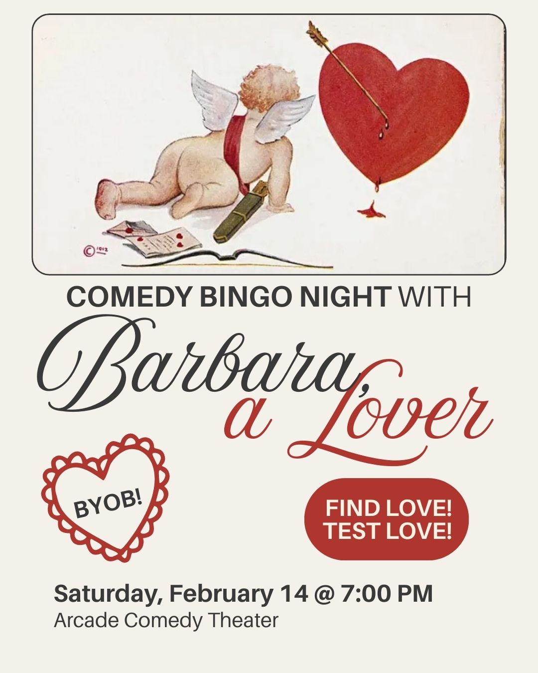 **Comedy Bingo Night is back at Arcade on the most romantic night of the year! Join for an evening of comedy, bingo, and love - featuring improv, characters, and PRIZES!**