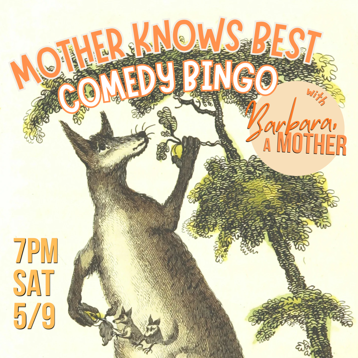 This month at comedy bingo night: a mother's day celebration! Featuring comedy, bingo, prizes, and your host: Barbara, a Mother!